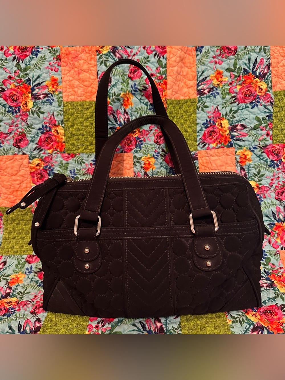 Vera Bradley Black Quilted Satchel Tote Bag Floral Lining Double Zip